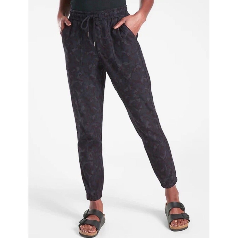 Athleta Farallon Jogger Pants Womens Navy Camo Elastic Waist Cotton Stretch SZ 2